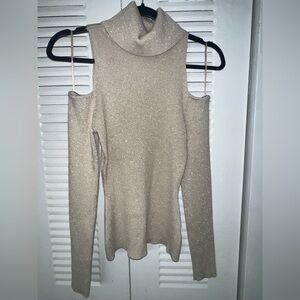 Beige Sparkle Cold-Shoulder Turtleneck Sweater